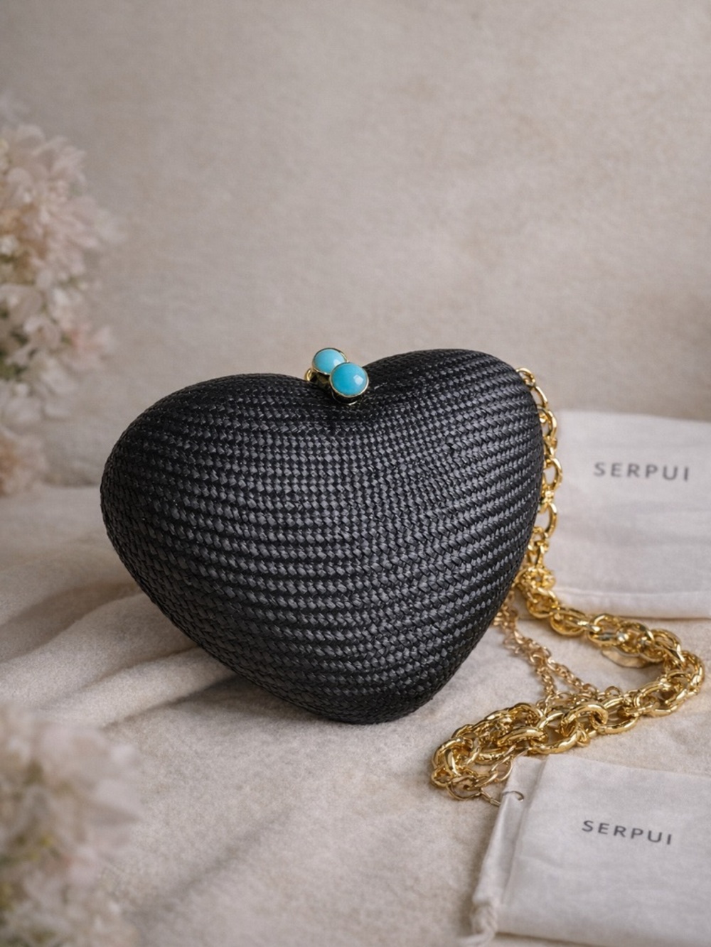 NWT Serpui Black Heart Bun Straw Minaudière with Gold Chain & dust bag